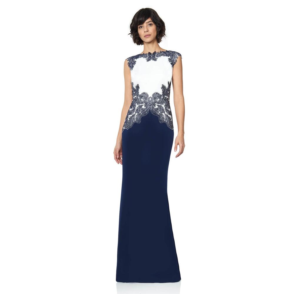 Tadashi Shoji Falcon Gown SZ 2 Long Formal Navy Dress Lace Accents MSRP $518